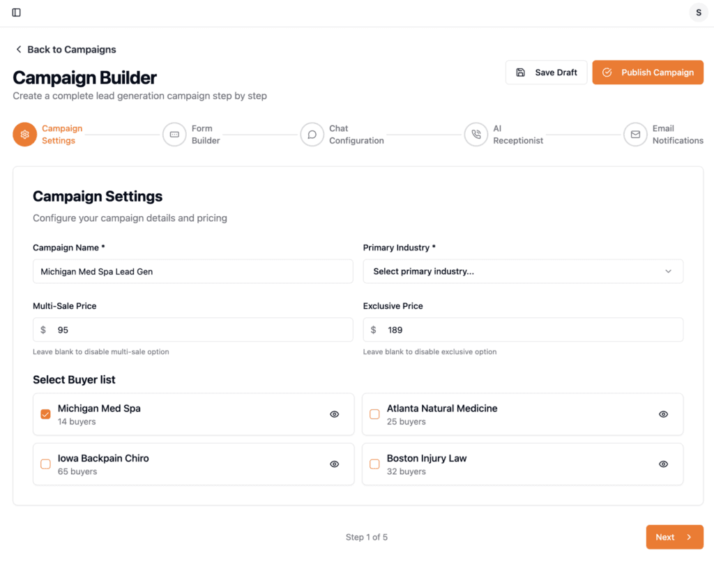 LeadWaffle Campaign Builder interface showing form creation tools